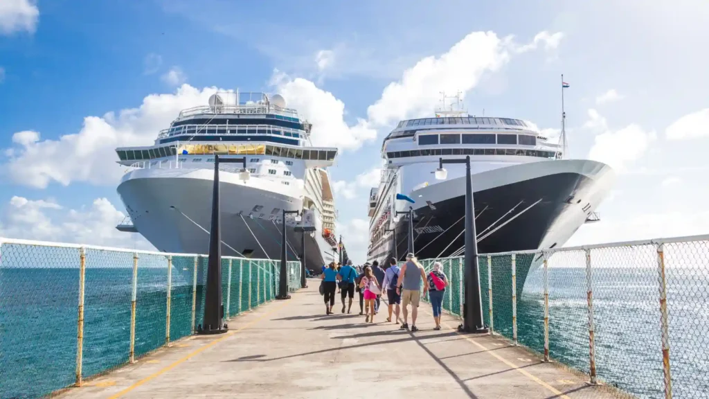 a group of passengers about to board on a cruise ship